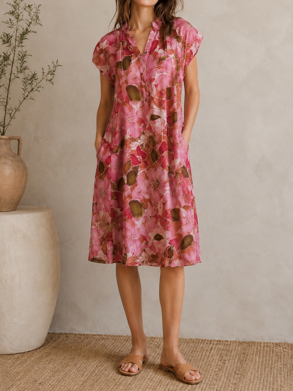 NEW Color Block Floral Midi Dress Small Pink Red Leaf Lined Boutique Pockets